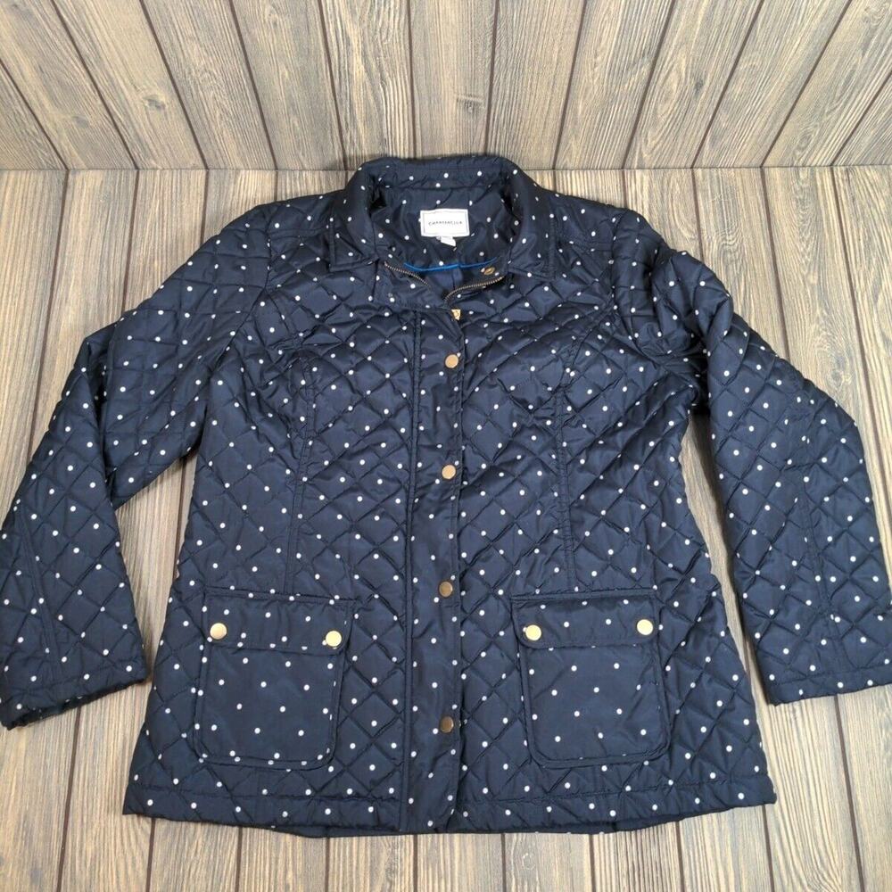 Charter Club Jacket Womens Navy Blue Full Zip Snap Quilted Puffer Coat Dot Large